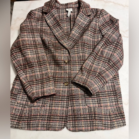 St John’s Bay Wool Blend Blazer Women 1X Brown Orange Plaid Pockets - Picture 1 of 3